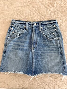 Agolde Light Blue Denim Mini Skirt with Raw Hem, Western Feel